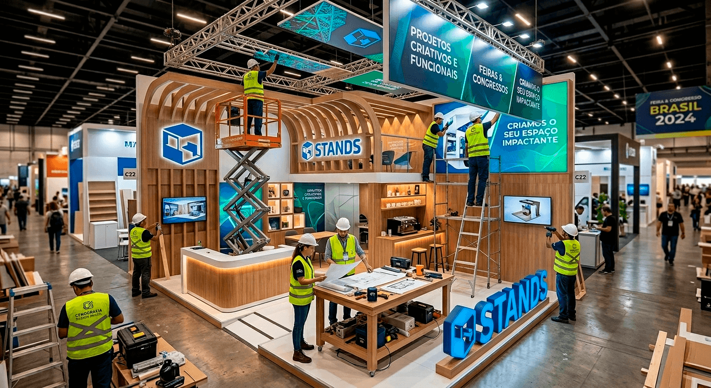 Stand com identidade visual e materiais gráficos integrados durante processo de montagem em SP
