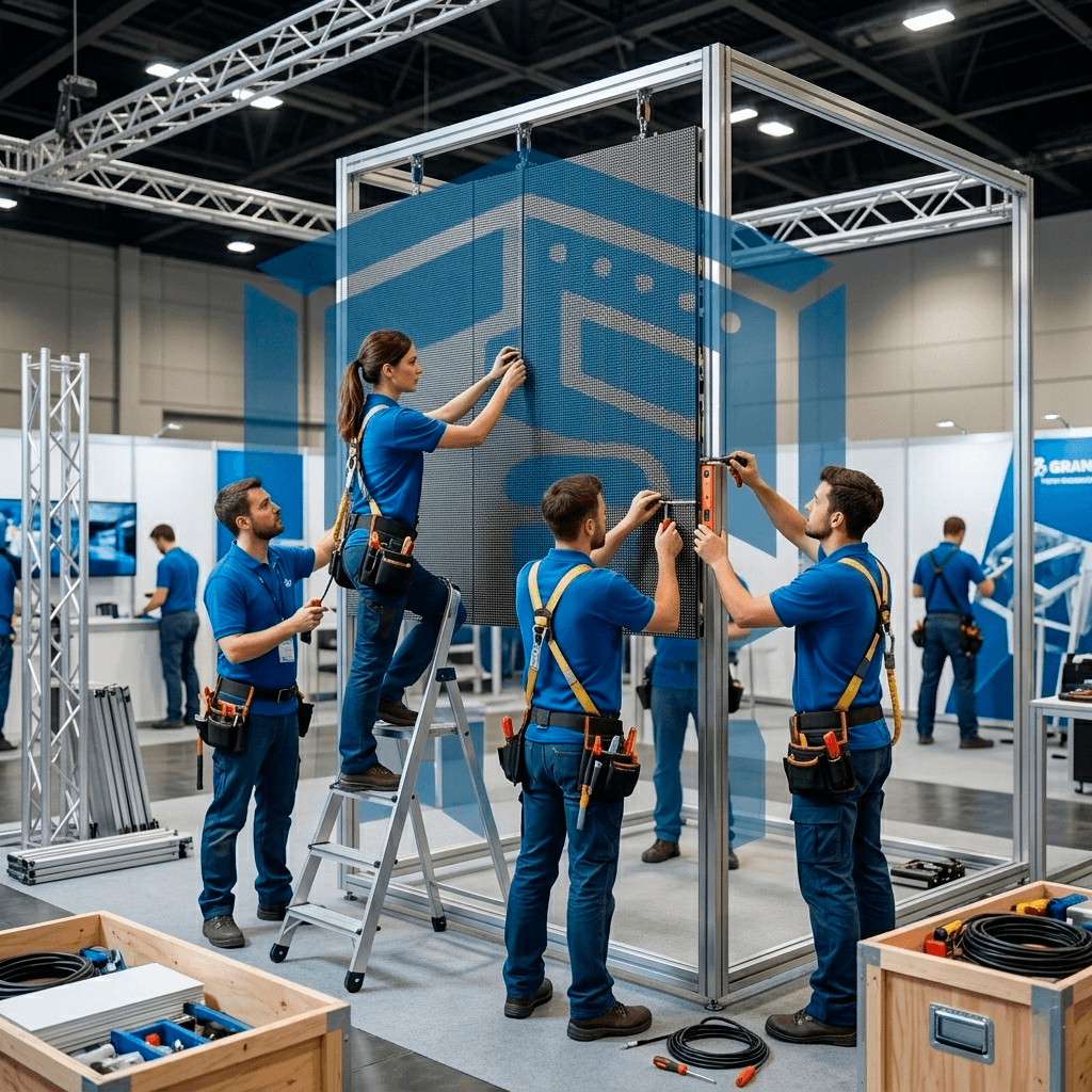Equipe especializada em comunicação visual e montagem de stands para eventos corporativos em São Paulo